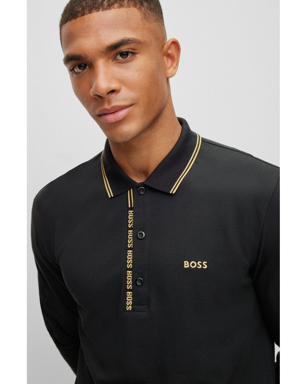 BOSS by HUGO BOSS Long-sleeved Slim-fit Polo Shirt With Logo Details in  Black for Men | Lyst