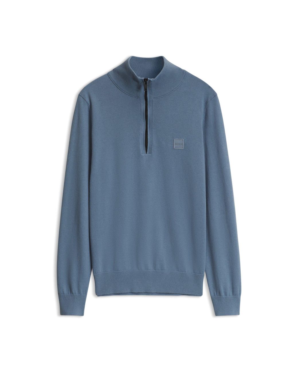 Boss Blue Cotton-Cashmere Sweater With Zip Collar for men