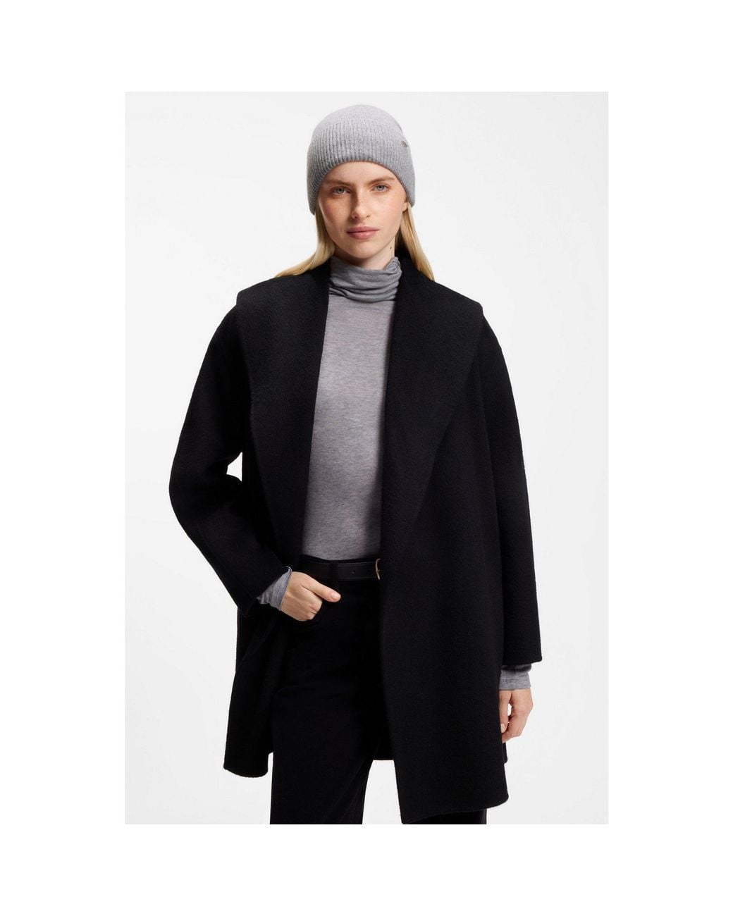 Boss Gray Cashmere Beanie Hat With Metallic Logo Trim