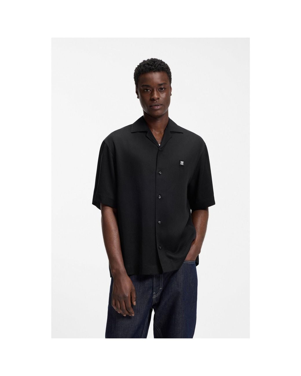 HUGO Black Oversized-Fit Shirt With Stacked-Logo Trim for men