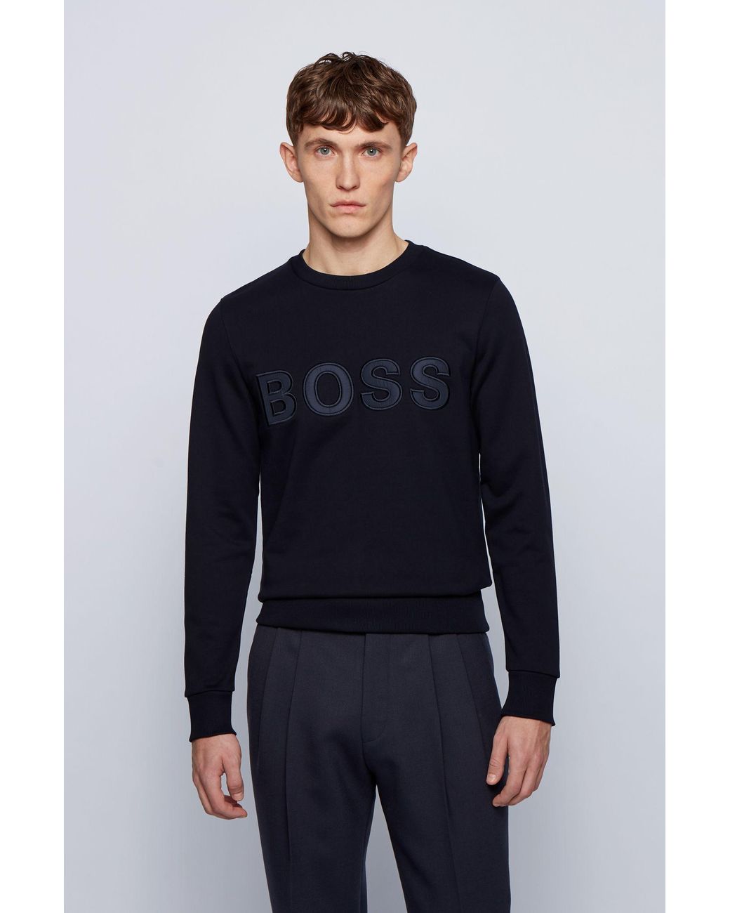 BOSS by Hugo Boss Logo Sweatshirt In French Cotton Terry in Dark Blue ...