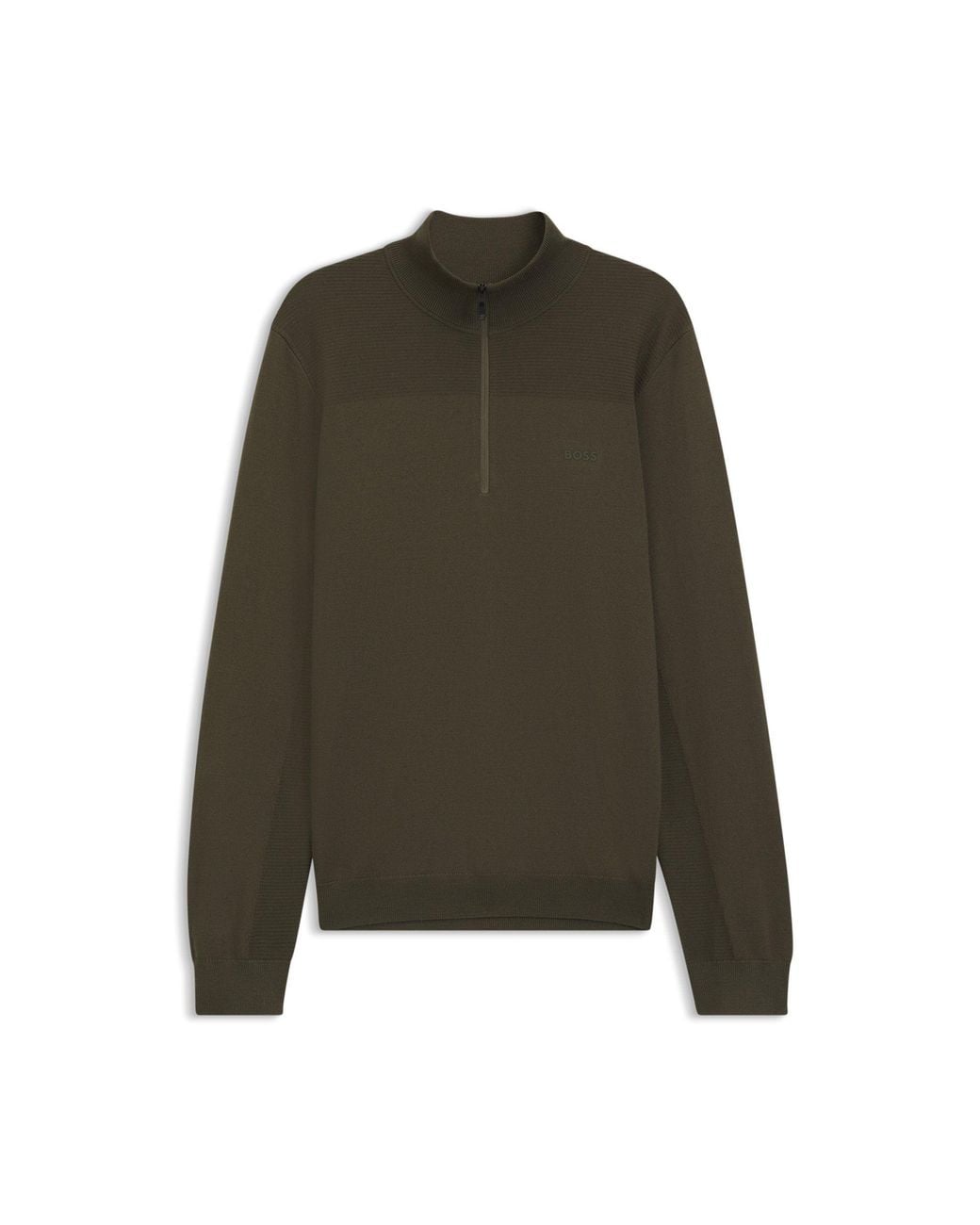 Boss Black Zip-Neck Virgin Wool-Blend Sweater With Logo for men