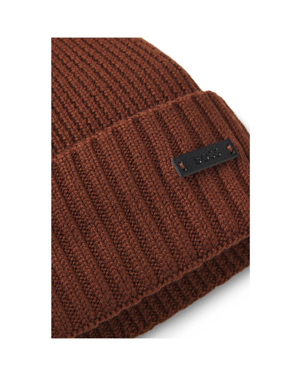Boss Brown Rib-Knit Virgin-Wool Beanie With Logo Plaque for men
