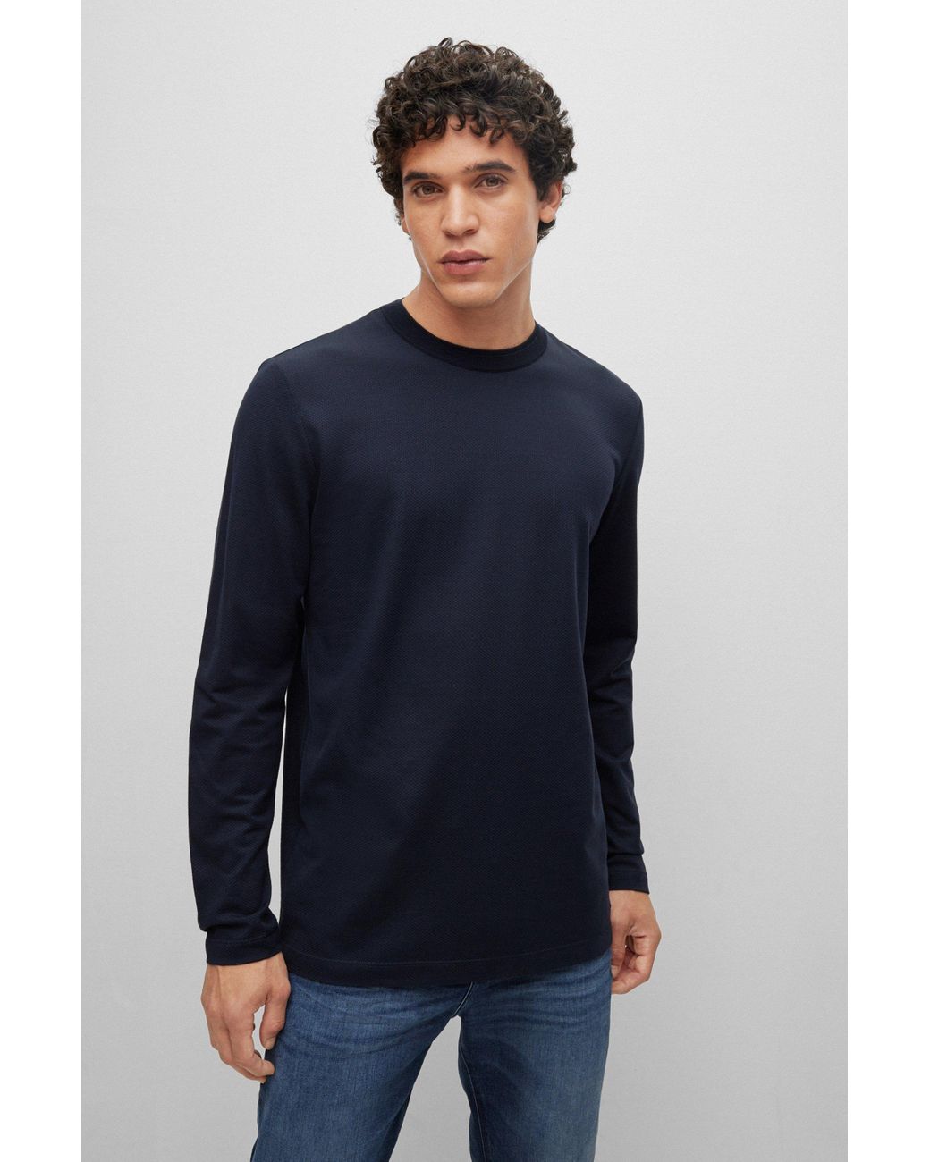 BOSS by HUGO BOSS Cotton-silk Long-sleeved T-shirt With Bubble Structure in  Blue for Men | Lyst