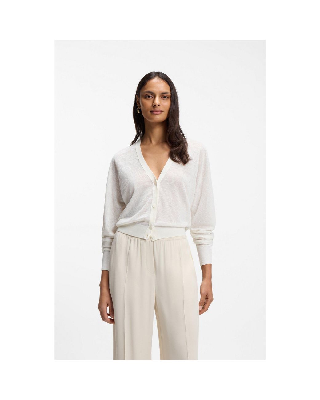 Boss White Linen-Cotton Cardigan With Buttoned Front