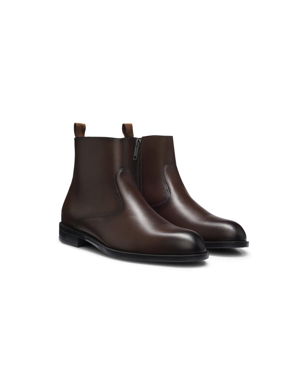 Boss Brown Grained-Leather Boots With Side Zip for men