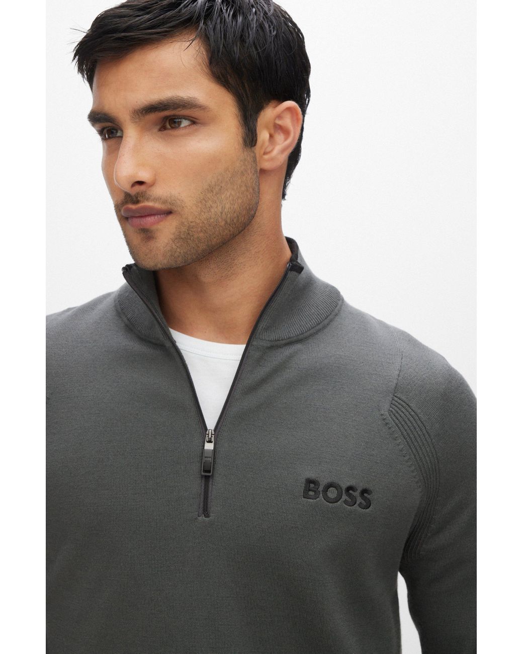 BOSS by HUGO BOSS Zip-neck Regular-fit Sweater With Embroidered Logos in  Gray for Men | Lyst