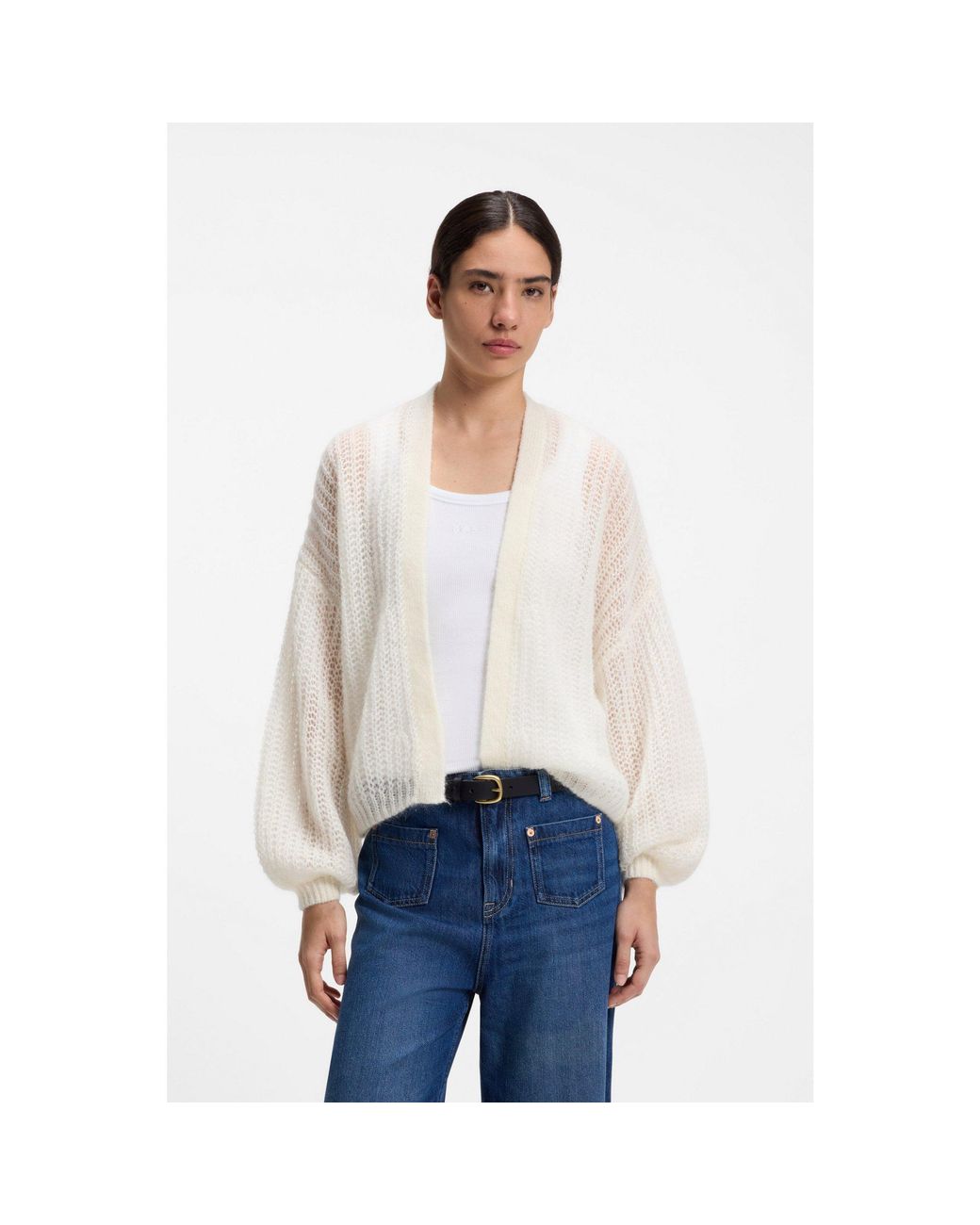 Boss White Relaxed-Fit Cardigan With Open-Knit Structure