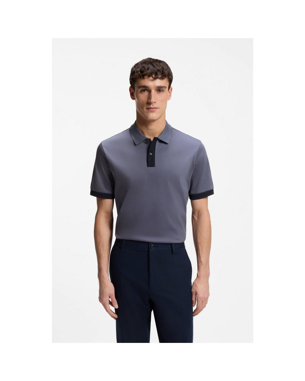 Boss Blue Mercerised-Cotton Polo Shirt With Striped Trims for men