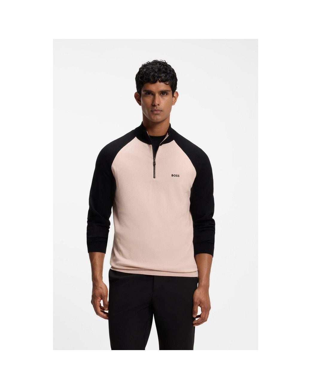 Boss Black Colour-Blocked Sweater With Zip Neck for men