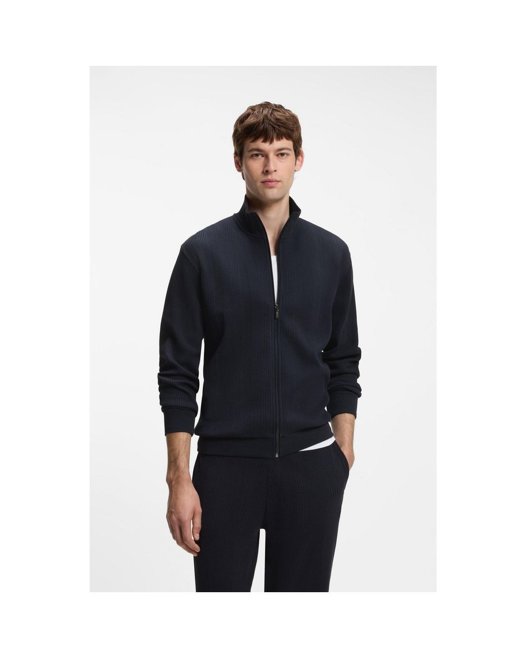 Boss Blue Cotton-Blend Jacket With Waffle Structure for men