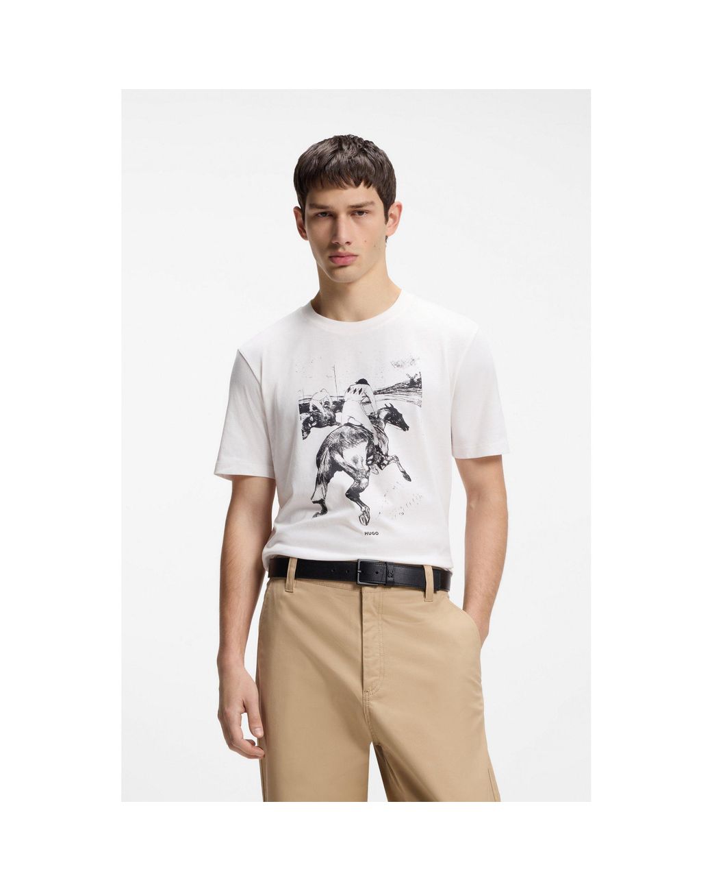 HUGO White Cotton-Jersey T-Shirt With Horse-Racing Artwork for men