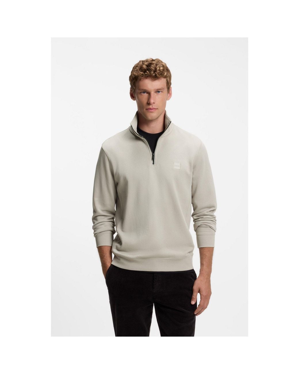 Boss Gray Cotton-Terry Sweatshirt With Zip Collar for men