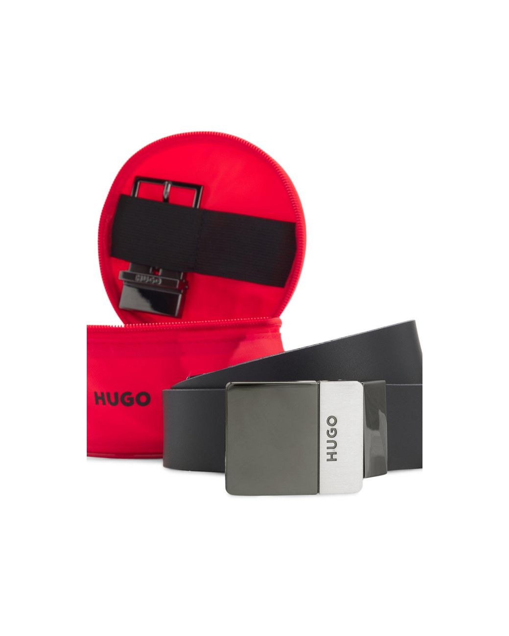 HUGO Gray Reversible Italian-Leather Belt With Two Buckles for men