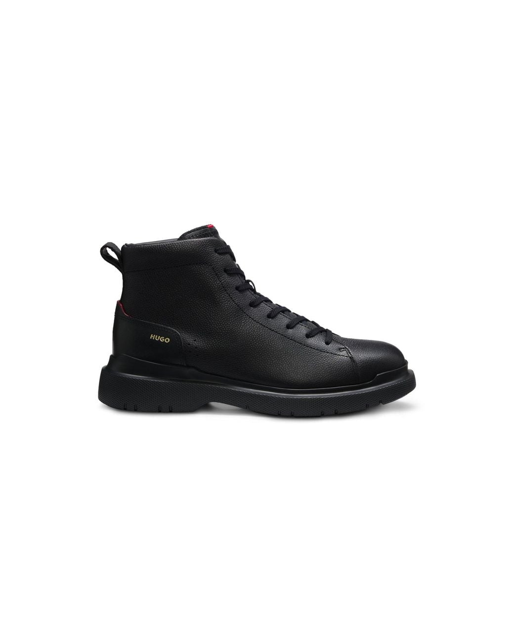 HUGO Black Grainy Leather Boots With Embossed Logo for men
