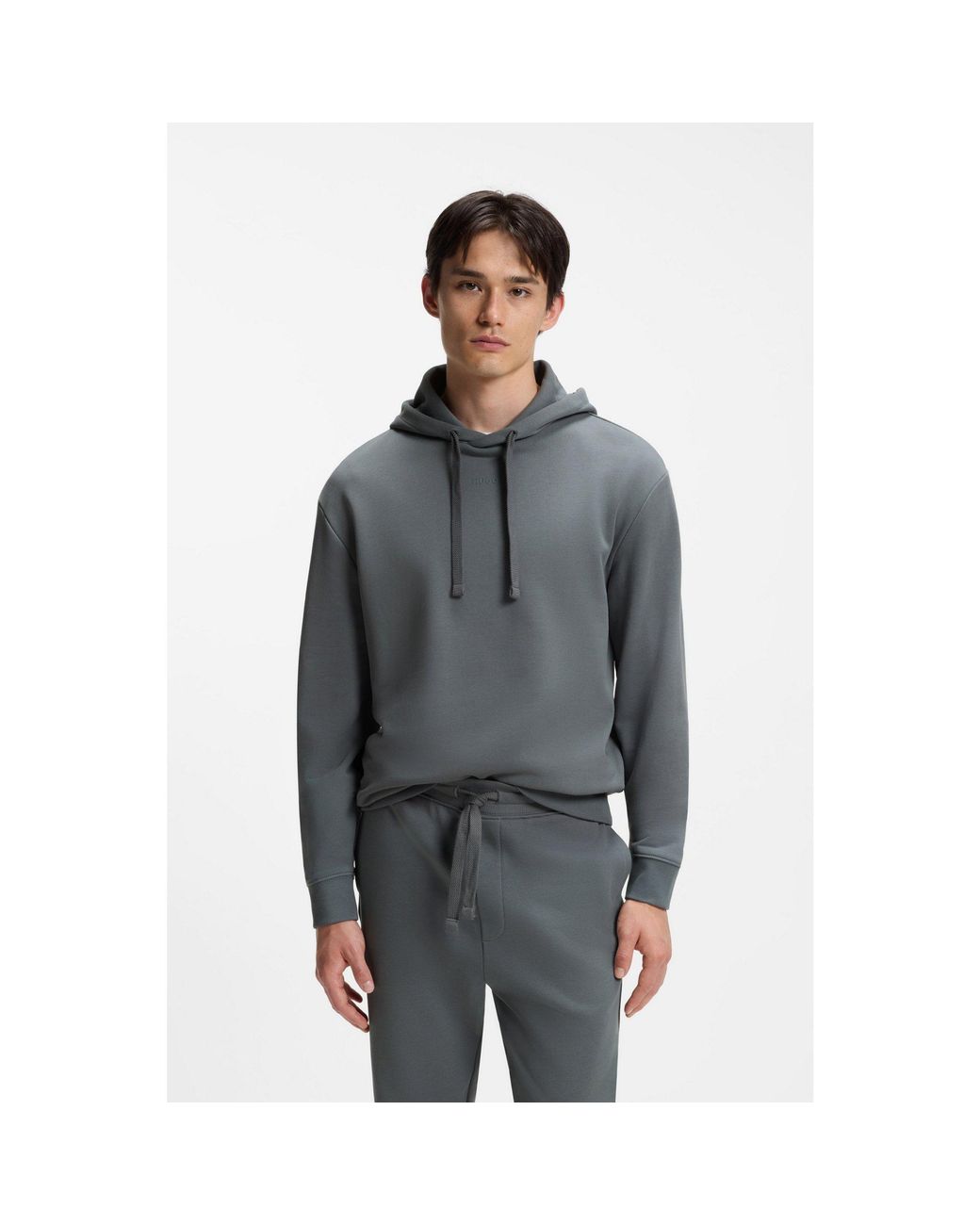 HUGO Gray Cotton-Terry Hoodie With Logo Print for men