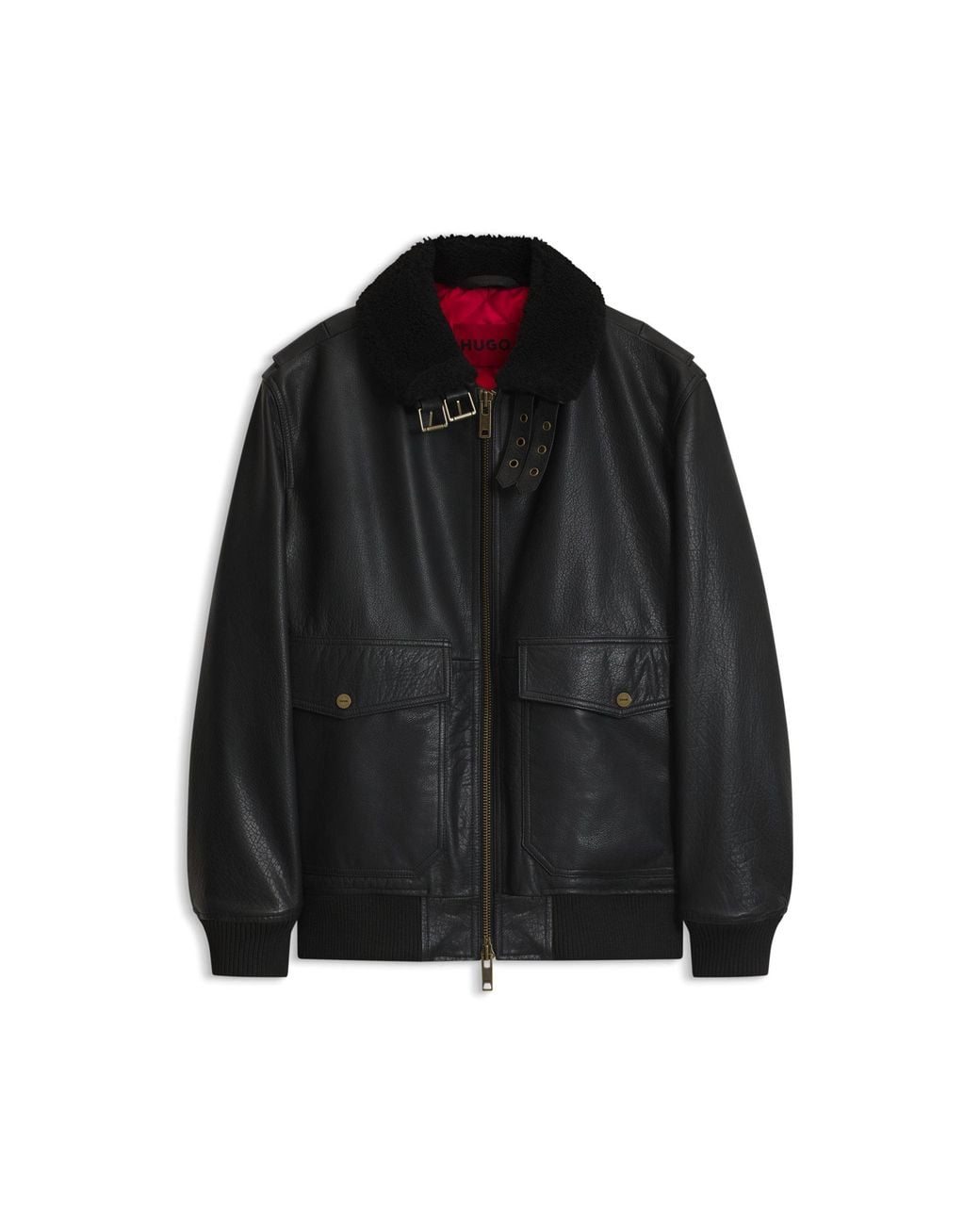 HUGO Black Padded Leather Jacket With Shearling Details for men