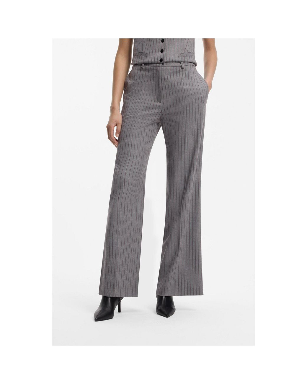 HUGO Gray Pinstripe Regular-Fit Trousers With D-Ring Detail