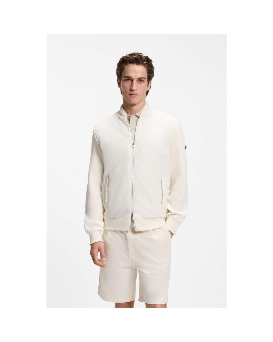 Boss White Cotton-Knit Hybrid Jacket With Bomber Collar for men