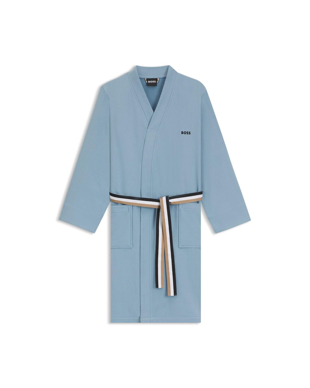Boss Blue Cotton Dressing Gown With Signature-Stripe Belt