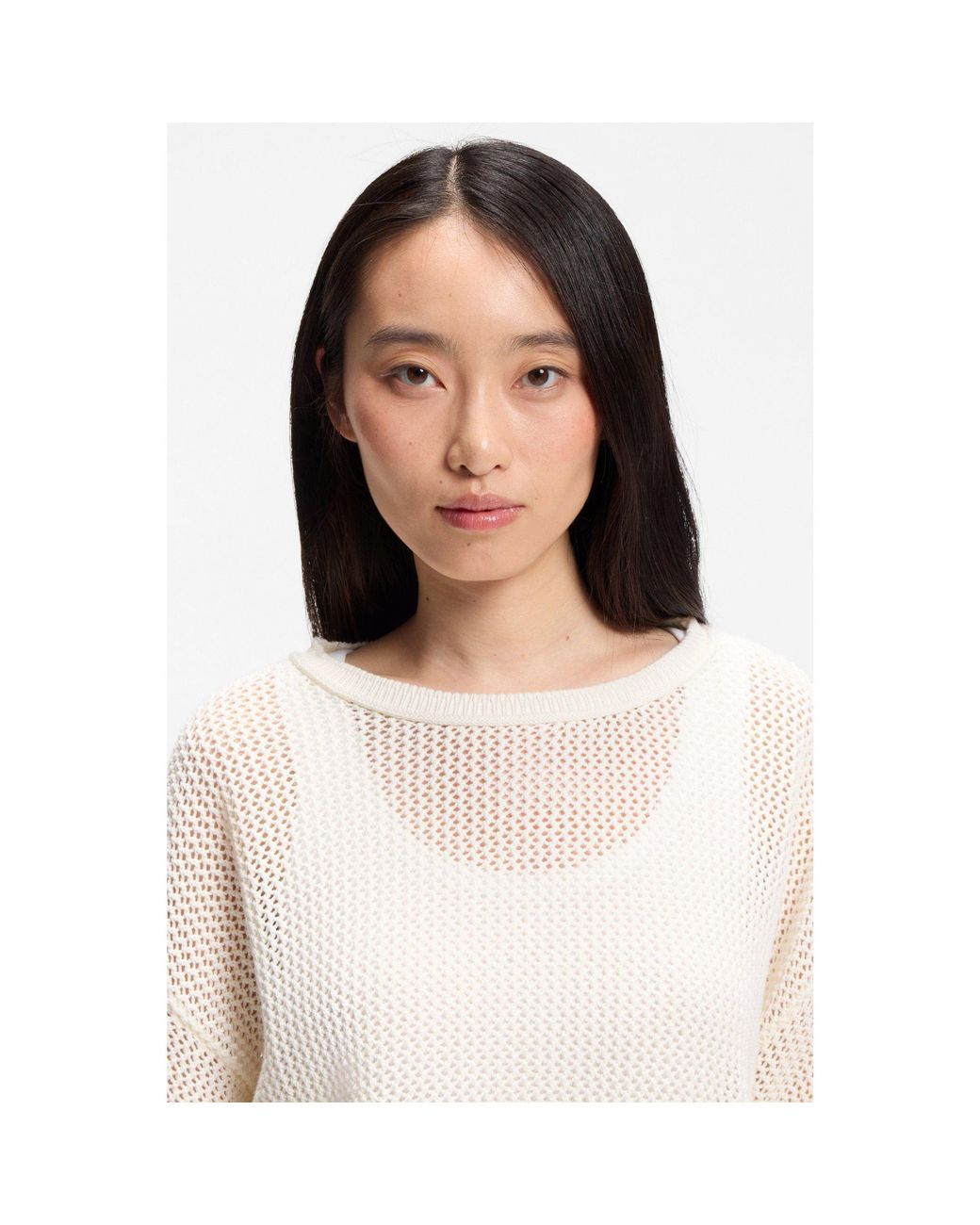 Boss White Relaxed-Fit Cotton Sweater With Mesh Structure