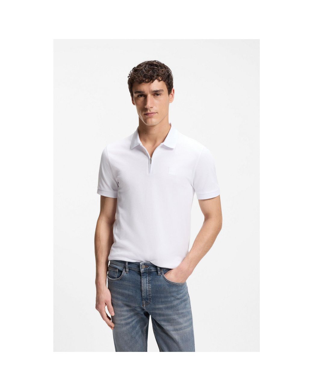 Boss White Stretch-Cotton Slim-Fit Polo Shirt With Logo Patch for men