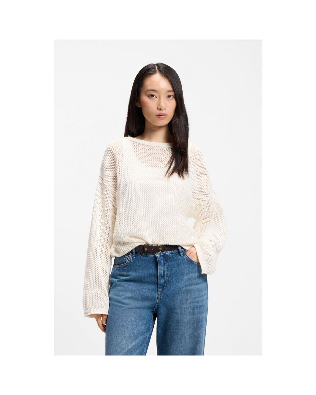 Boss White Relaxed-Fit Cotton Sweater With Mesh Structure