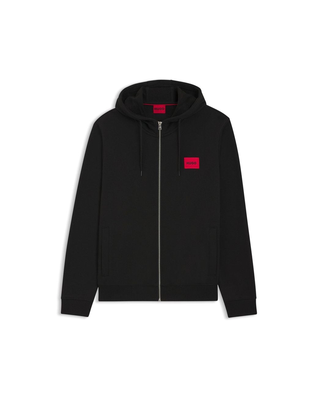 HUGO Black Cotton-Terry Zip-Up Hoodie With Logo Label for men