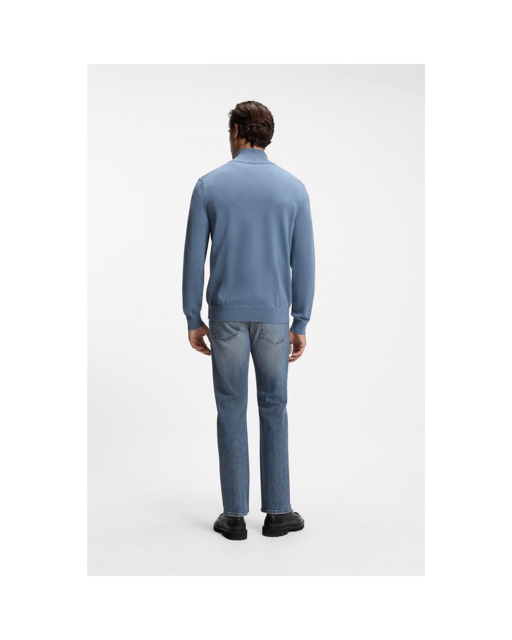 Boss Blue Cotton-Cashmere Sweater With Zip Collar for men