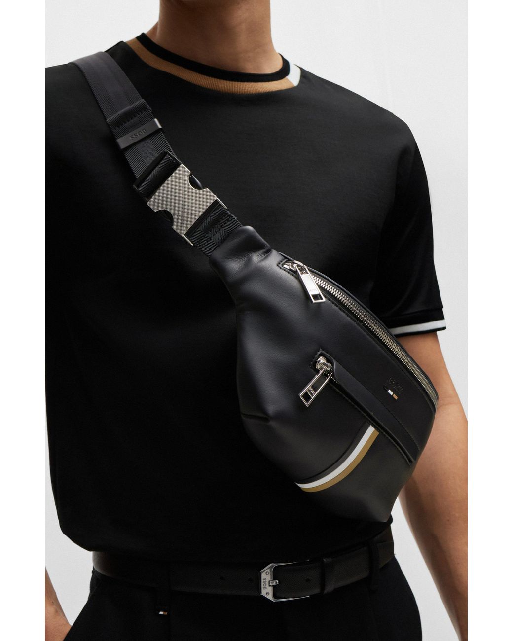 BOSS Faux-Leather Belt Bag With Signature Stripe in Black for Men