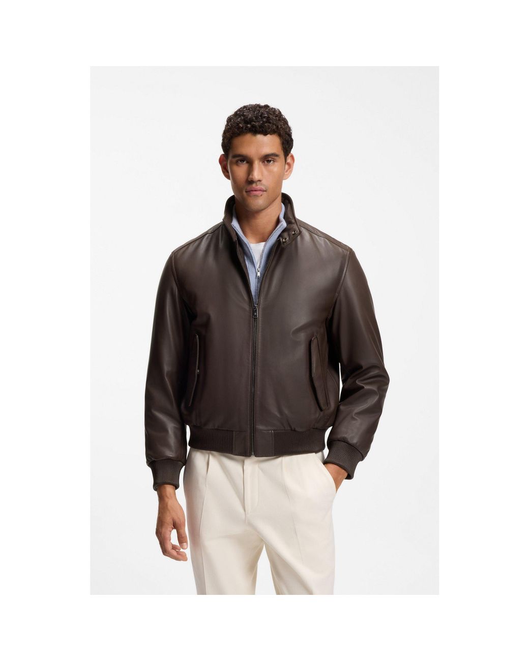 Boss Brown Padded Leather Jacket With Stand Collar for men