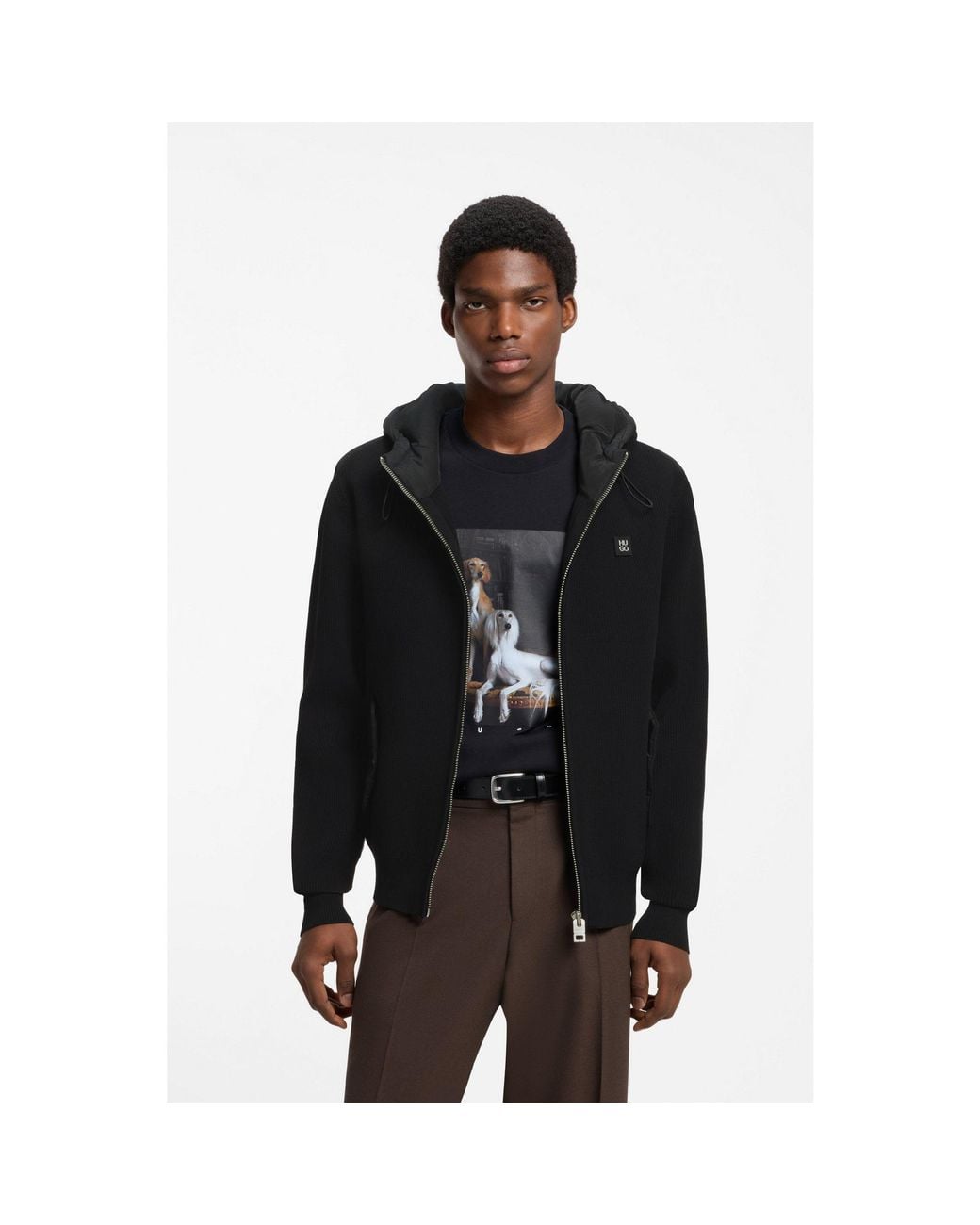 HUGO Black Relaxed-Fit Hooded Jacket With Branded Details for men