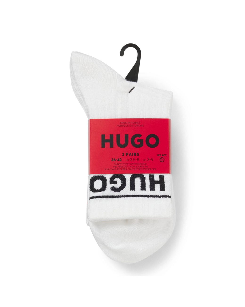 HUGO White 3 Pack Ribbed Sporty Socks