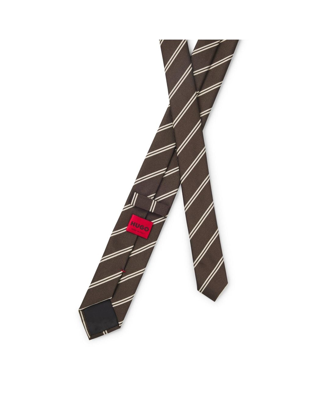 HUGO Brown Modern Silk-Blend Tie With A Stripe Motif for men