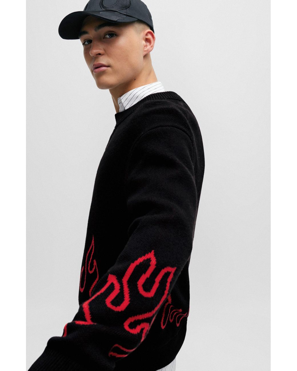 HUGO Relaxed fit Sweater With Flame Jacquard In Wool Blend in Black for Men Lyst