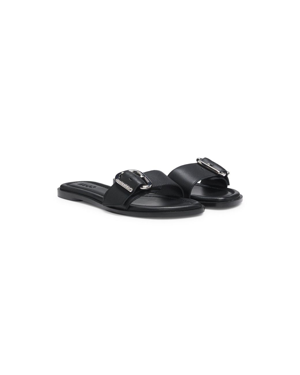 HUGO Black Leather Slides With Logo Buckle