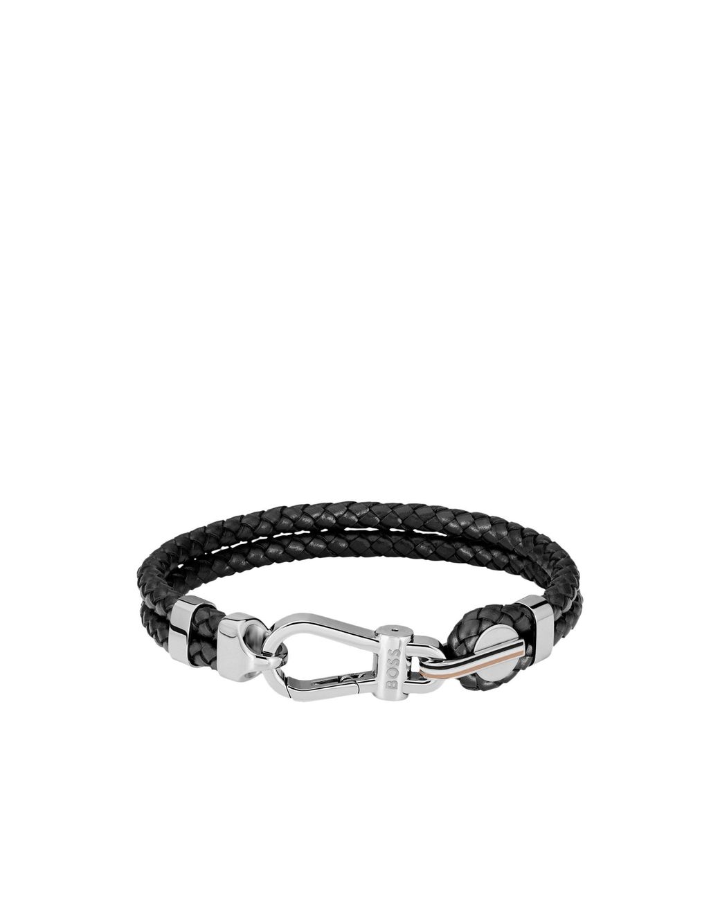 Boss Black Braided-Leather Cuff With-Tone Carabiner Closure for men
