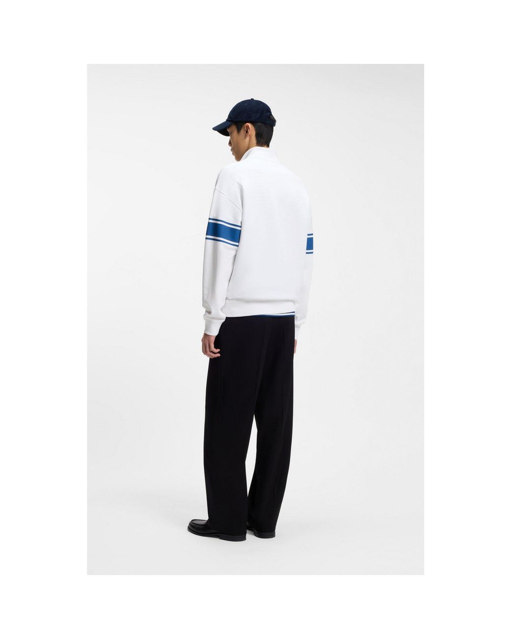 HUGO Blue Zip-Neck Cotton Sweatshirt With Printed Stripes for men