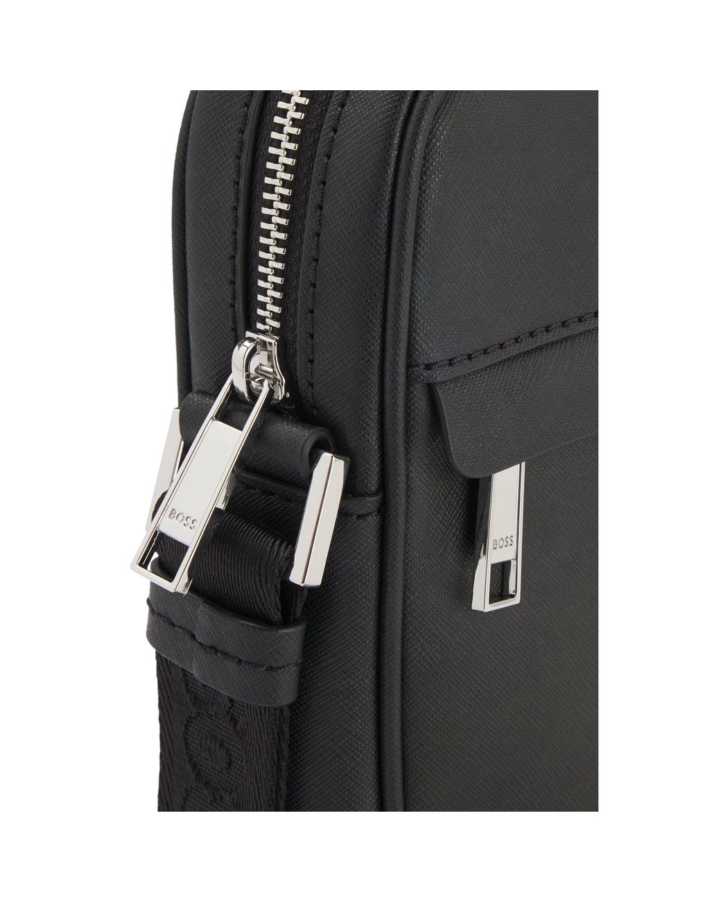 Boss Black Recycled-Leather Reporter Bag With Adjustable Logo Strap for men