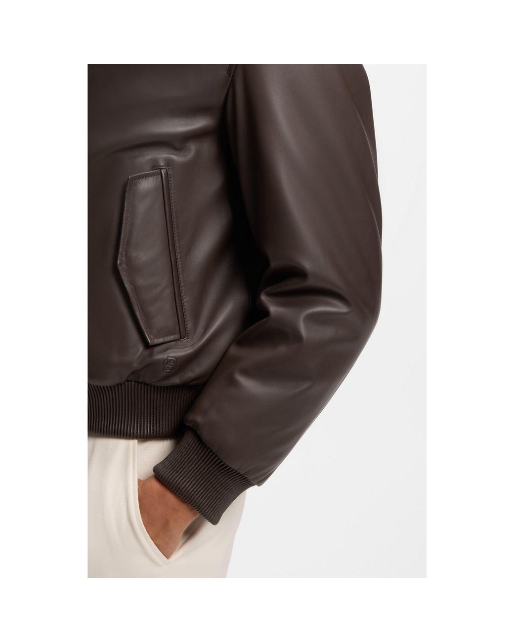 Boss Brown Padded Leather Jacket With Stand Collar for men