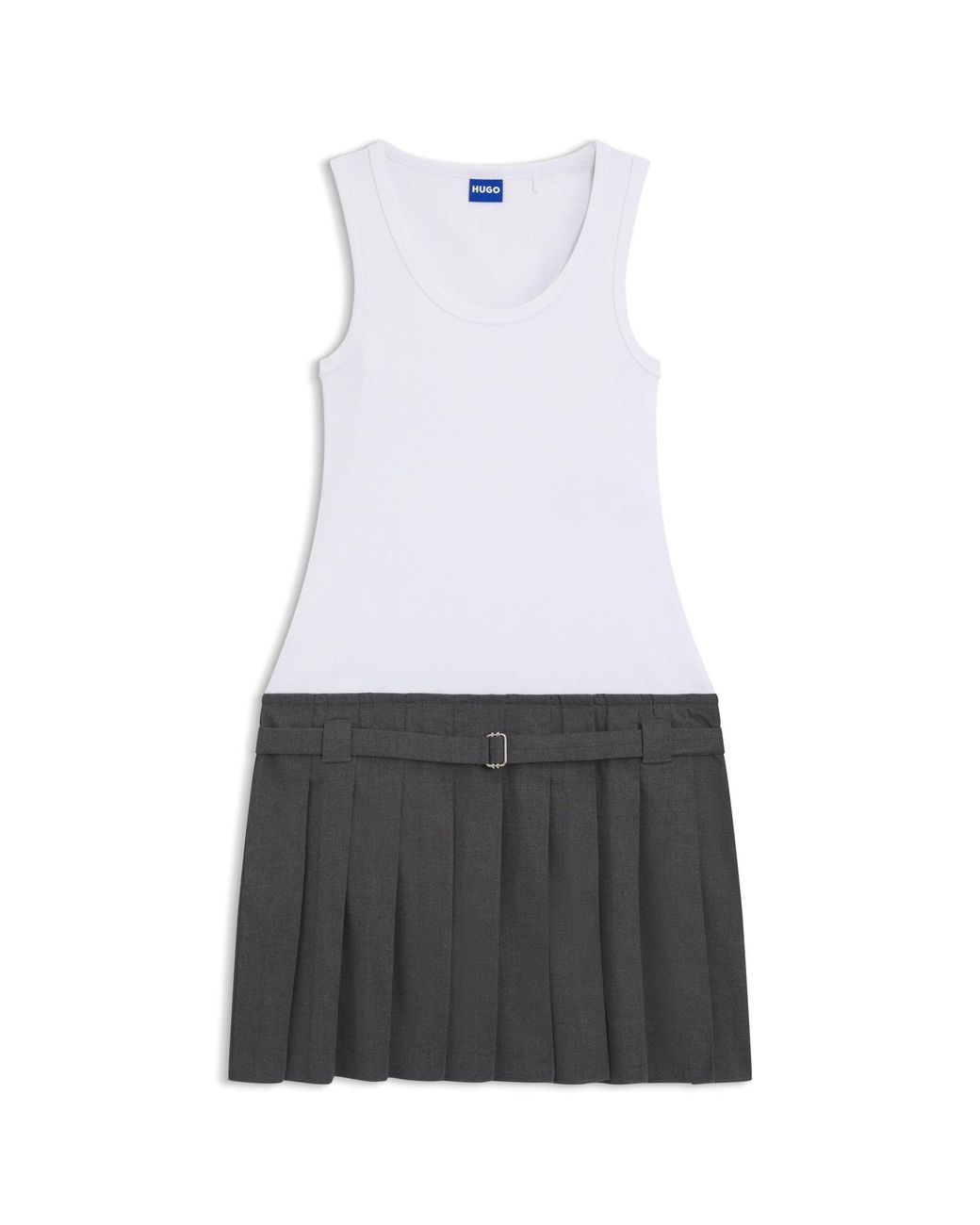 HUGO Gray Ribbed Tank Dress With Pleated Skirt