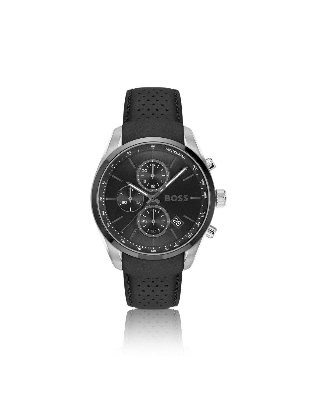 Boss Black Dial Chronograph Watch With Leather Strap for men