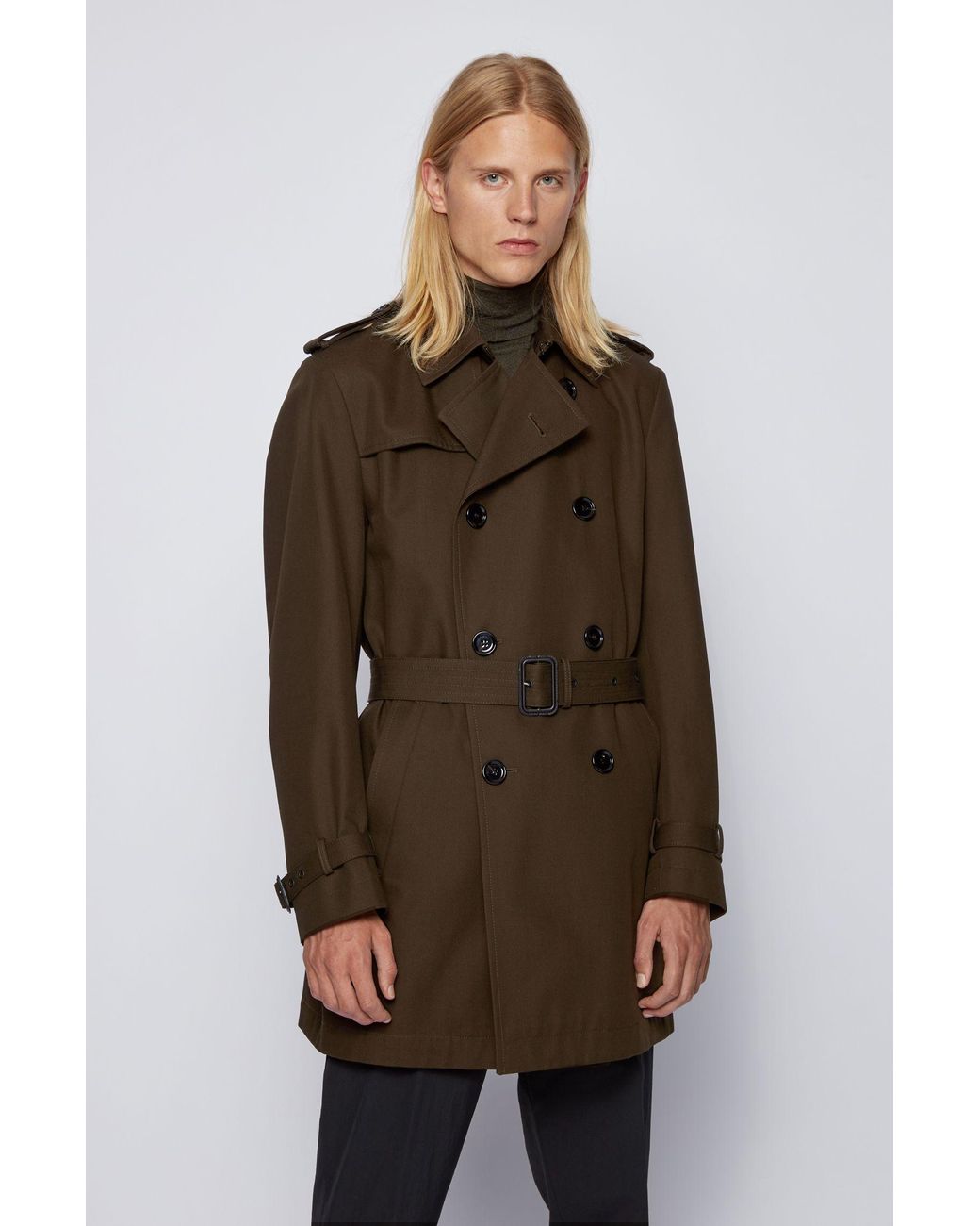 BOSS by Hugo Boss Trench Coat In Water Repellent Cotton in Light Green