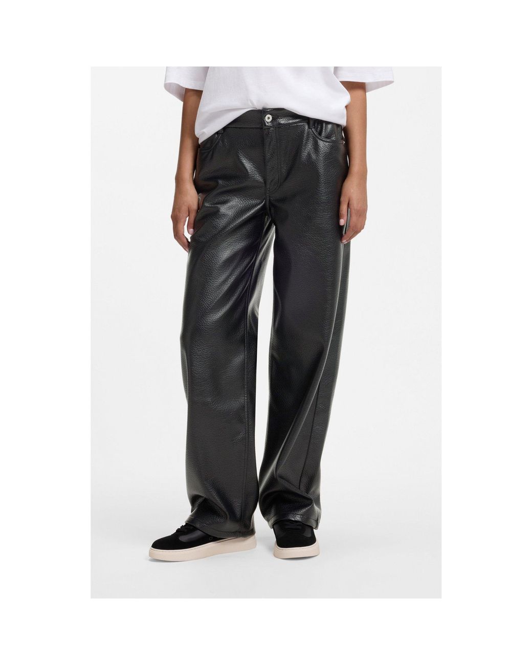 HUGO Black Relaxed-Fit Faux Leather Trousers With Patch Pockets