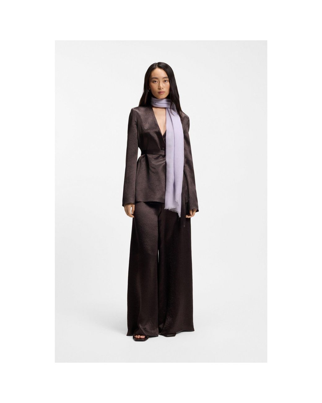 Boss Purple Lightweight Wool Scarf With Fringed Trims