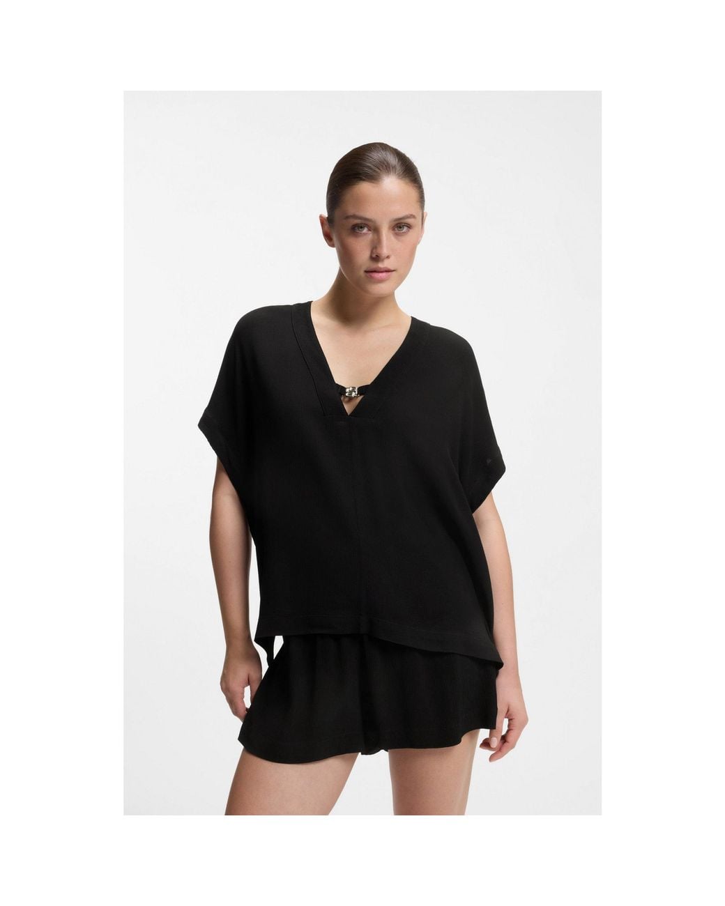 Boss Black Crepe V-Neck Top With Double B Monogram Buckle