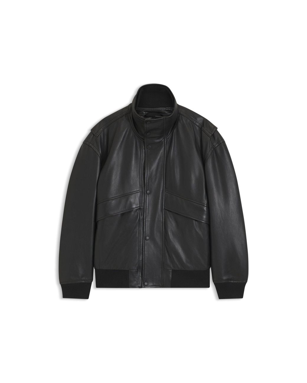 Boss Black Padded Leather Bomber Jacket With Flap Pockets for men