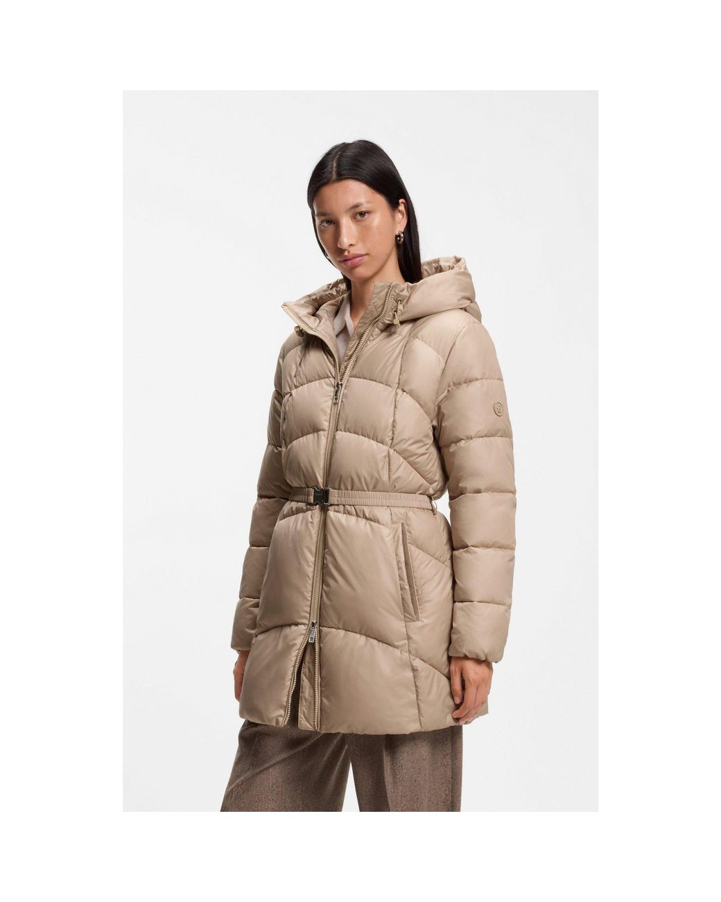 Boss Natural Knee-Length Hooded Jacket With Removable Belt