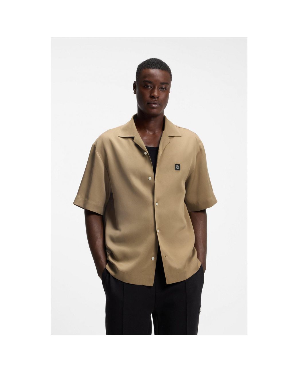 HUGO Natural Oversized-Fit Shirt With Stacked-Logo Trim for men