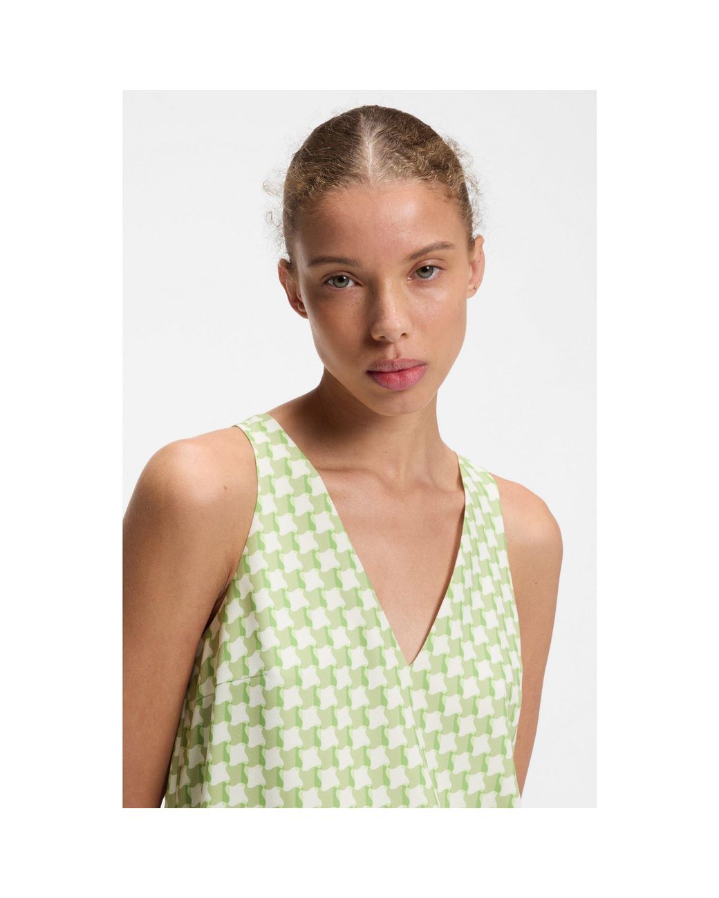 HUGO Green Geometric-Print Sleeveless Top With Sequins